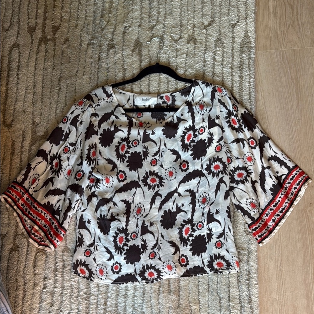 Maje Black and Red Cut-Out Crop Blouse 3/4 Sleeve